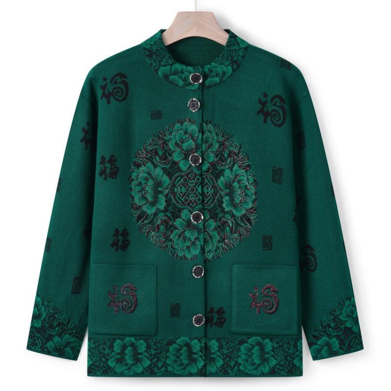 Grandma's autumn new Tang-style knitted sweater jacket, middle-aged women's elderly mother's autumn and winter cardigan, Fu-shaped sweater