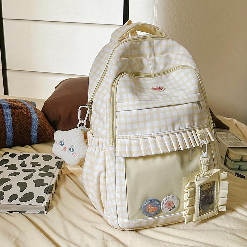 Checkered Pattern Sweet Lace Design Student Backpack With Plush Decor Pendant