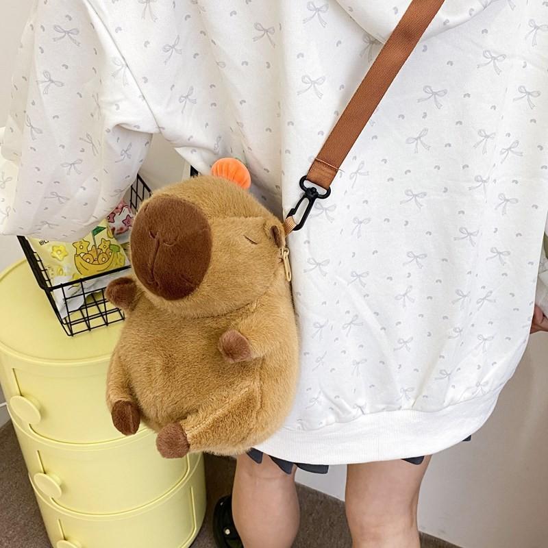 Cute Plush Capybara Backpack With Hat And Orange On The Head Design For Daily
