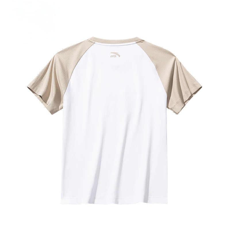 Anta Sports Lifestyle Series Color Block Letter Round Neck Breathable Versatile Short Sleeve T-Shirt Women T-Shirt Light-Khaki 162528102-1