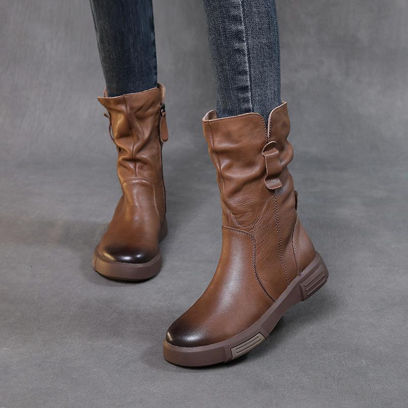 Women Boots Autumn Winter Plush Warm Mid Calf Boots Round Toe Zipper Pleated Thick Bottom Leather Cotton Boots