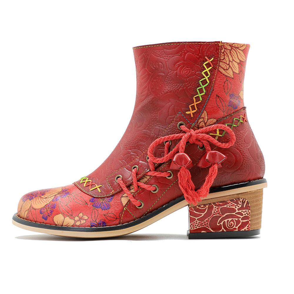 Johnature Vintage Rote Schuhe Handgefertigte kurze Damenstiefel aus echtem Leder mit Splice-Print zum Schnüren
