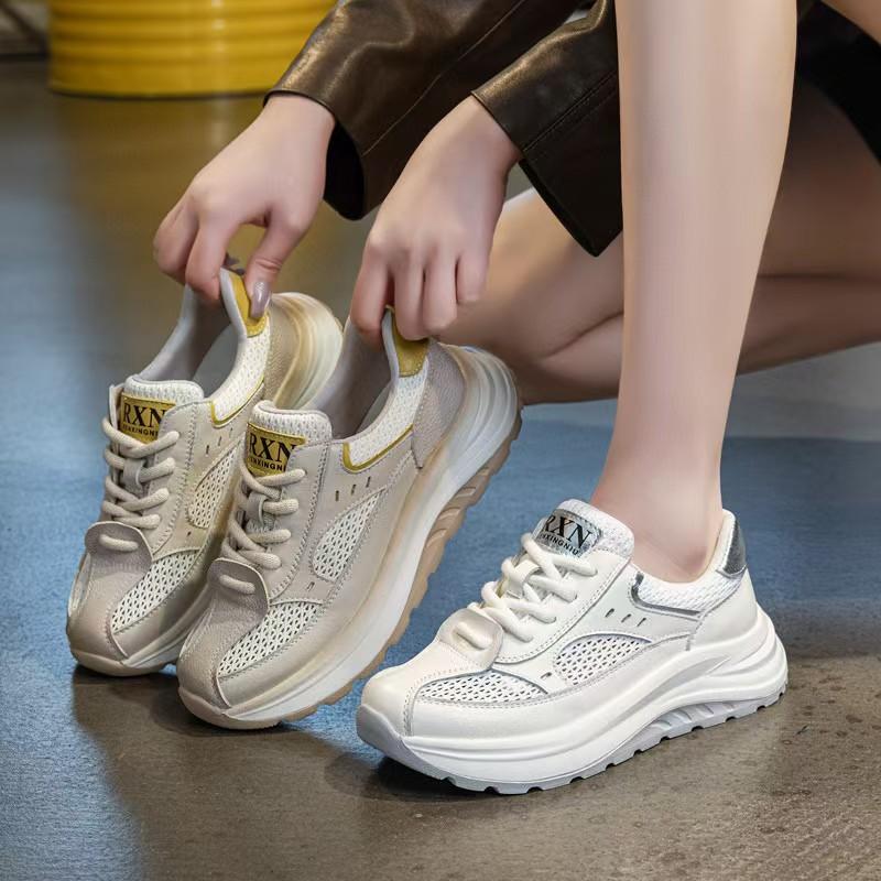 First layer cowhide dad shoes women's summer mesh sports and leisure shoes versatile and lightweight white shoes