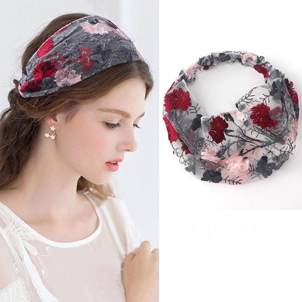 Female Ethnic Hairbands Elastic Embroidery Lace Flower Headband Chiffon Head Wrap Bezel for Women Cross Knotted Hair Accessories