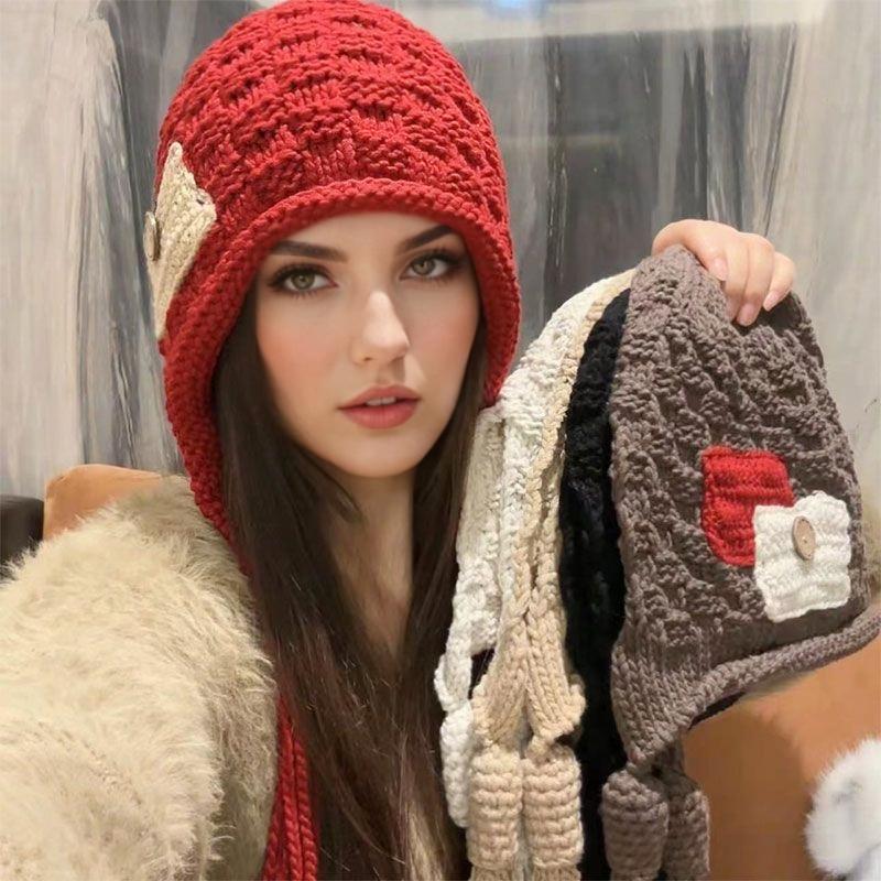 1PC Handmade Red Tassel Soft Knit Fashionable Wool Trendy Hat Handmade Braid Warm