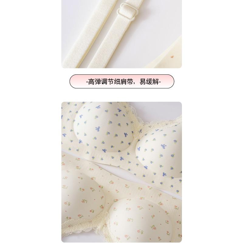 Women Floral Print Soft Support No Underwire Push Up Thin Bra For Small Chest