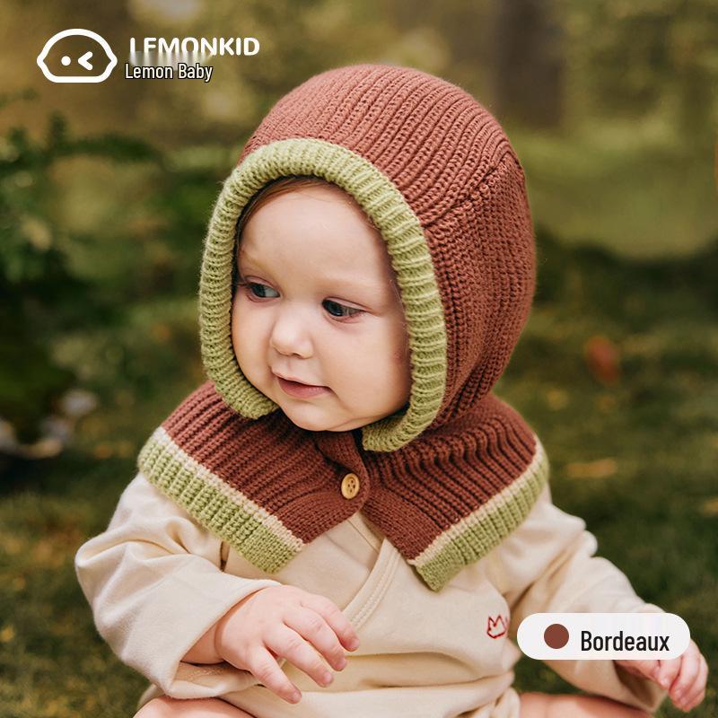 

Lemon Baby Wool Knit Hat & Shawl Set - Warm, Windproof Autumn/Winter Infant Cap Large 52cm