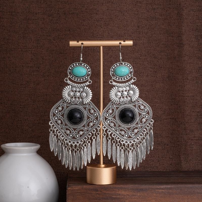 Artisanal Tribal Styles Drop Earrings With Natural Stone Accent Sturdy Alloy Retro Fringe Designs
