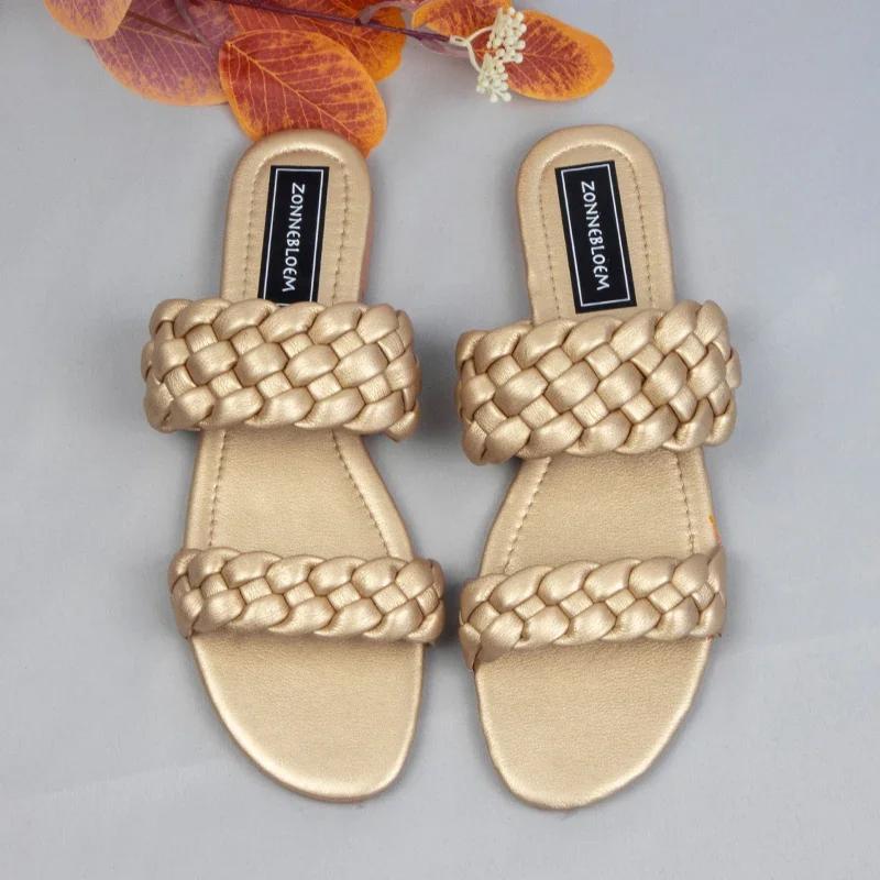 Fashion 2025 New Designer Women Outside Slippers Summer Woman Flat Slides High Quality PU Leather Fashion Double Weave Beach Sandals