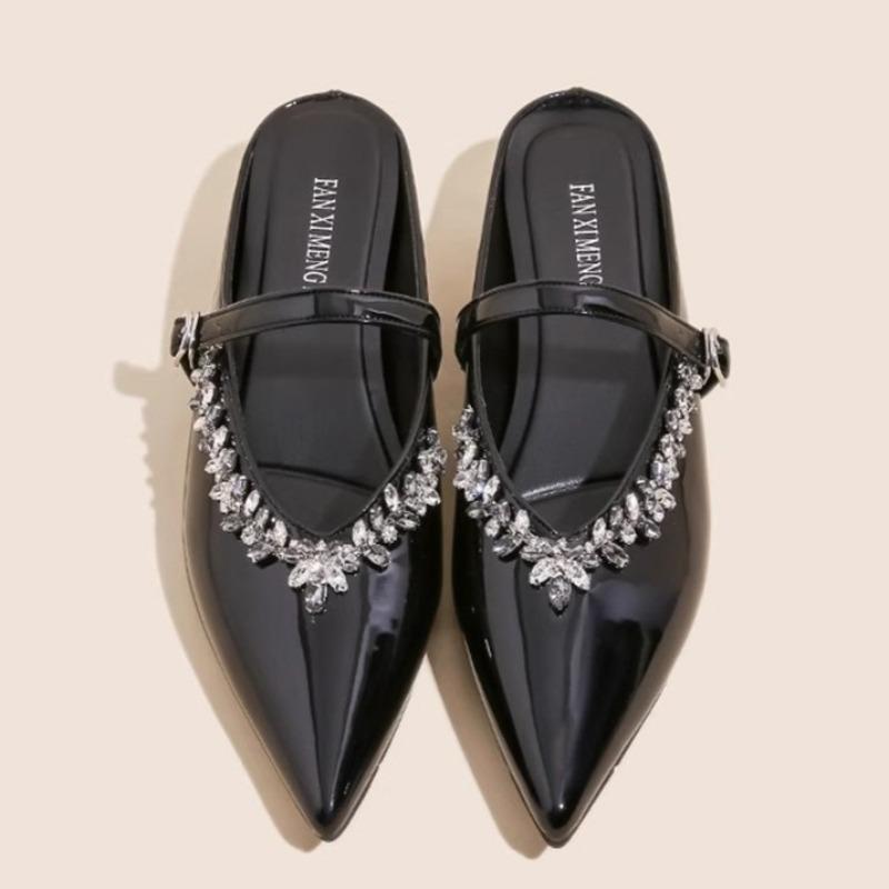 Fashion Heightened Inside Pointed Toe Outside Wear Half Slippers One Strap French Rhinestone Versatile Flat Single Shoes for Women