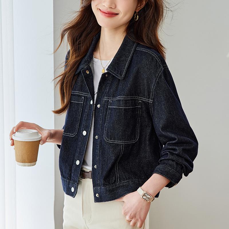 Denim Short Jacket for Women Long Sleeve Spring and Autumn Clothes Latest Style Small One Layered Shoulder Lapel Top