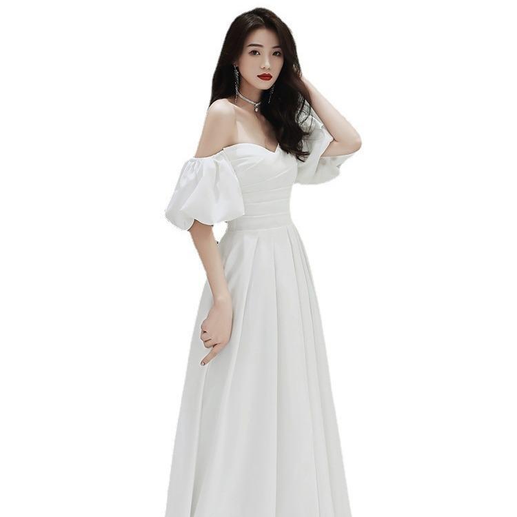 White Evening Dress Women's 1011 New Banquet Temperament Socialite Long Style Can Usually Wear Birthday Shoulder Dress