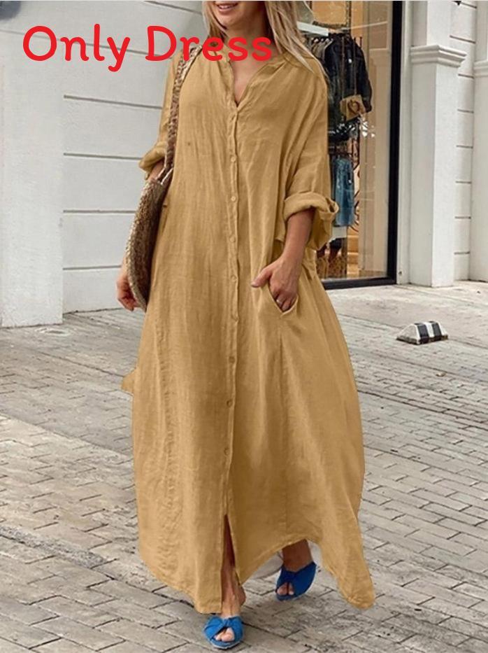 Baumwoll-Leinen-Langes Kleid Mit Stehkragen Für Lässigen Sommer Damen