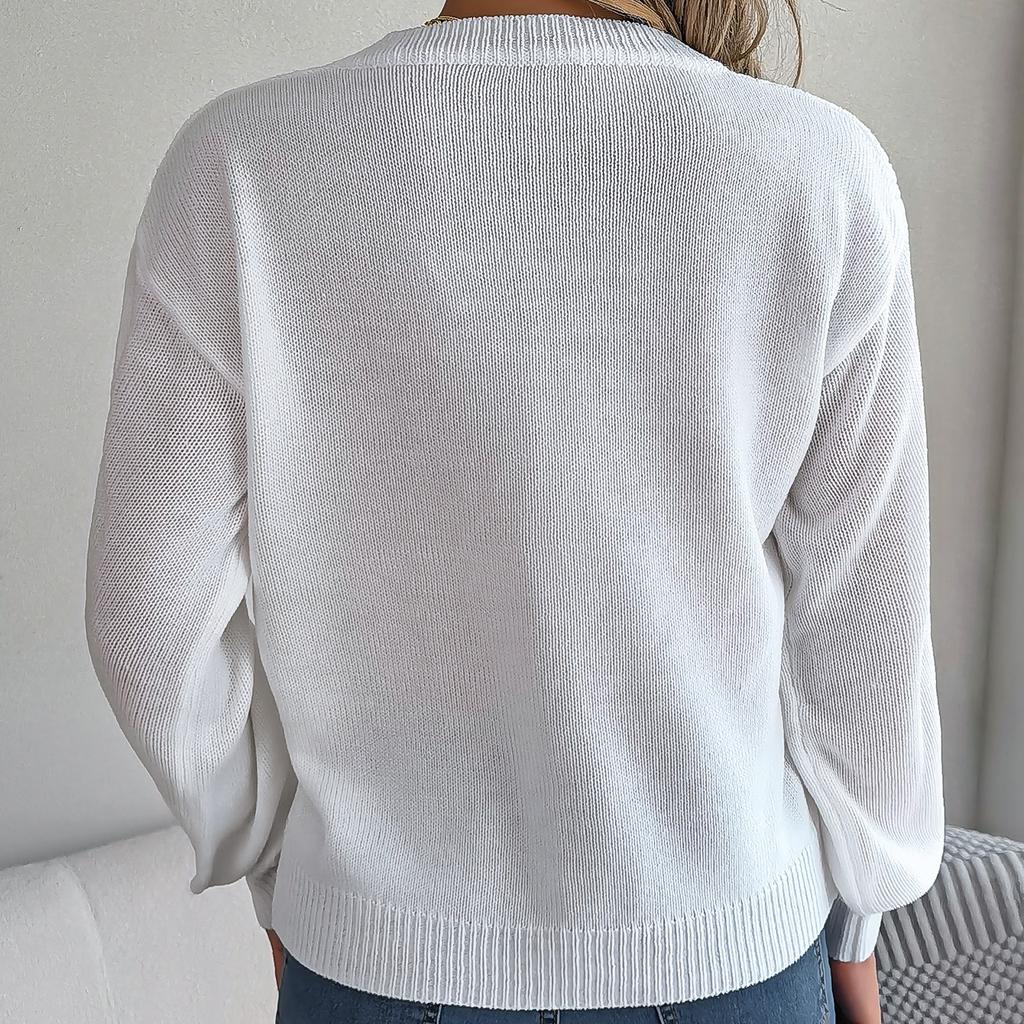 GMXIA Women's Fashion Casual Solid Color Print Autumn Winter Long Sleeve V-neck Loose Button Twist Lantern Sleeve Pullover Sweater