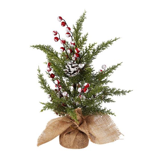 Small Christmas Artificial Plants with Burlap Base Faux Pine Branches with Red Berries/Poinsettias Flower