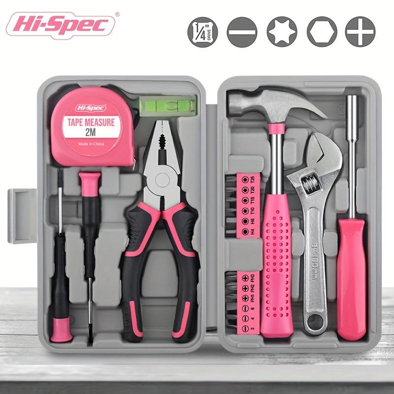 Gentle Care] Hi-Spec Pink Home Repair Tool Kit - Portable Hand Tool Set with Hammer, Vise, Wrenches,Organized Tool Storage