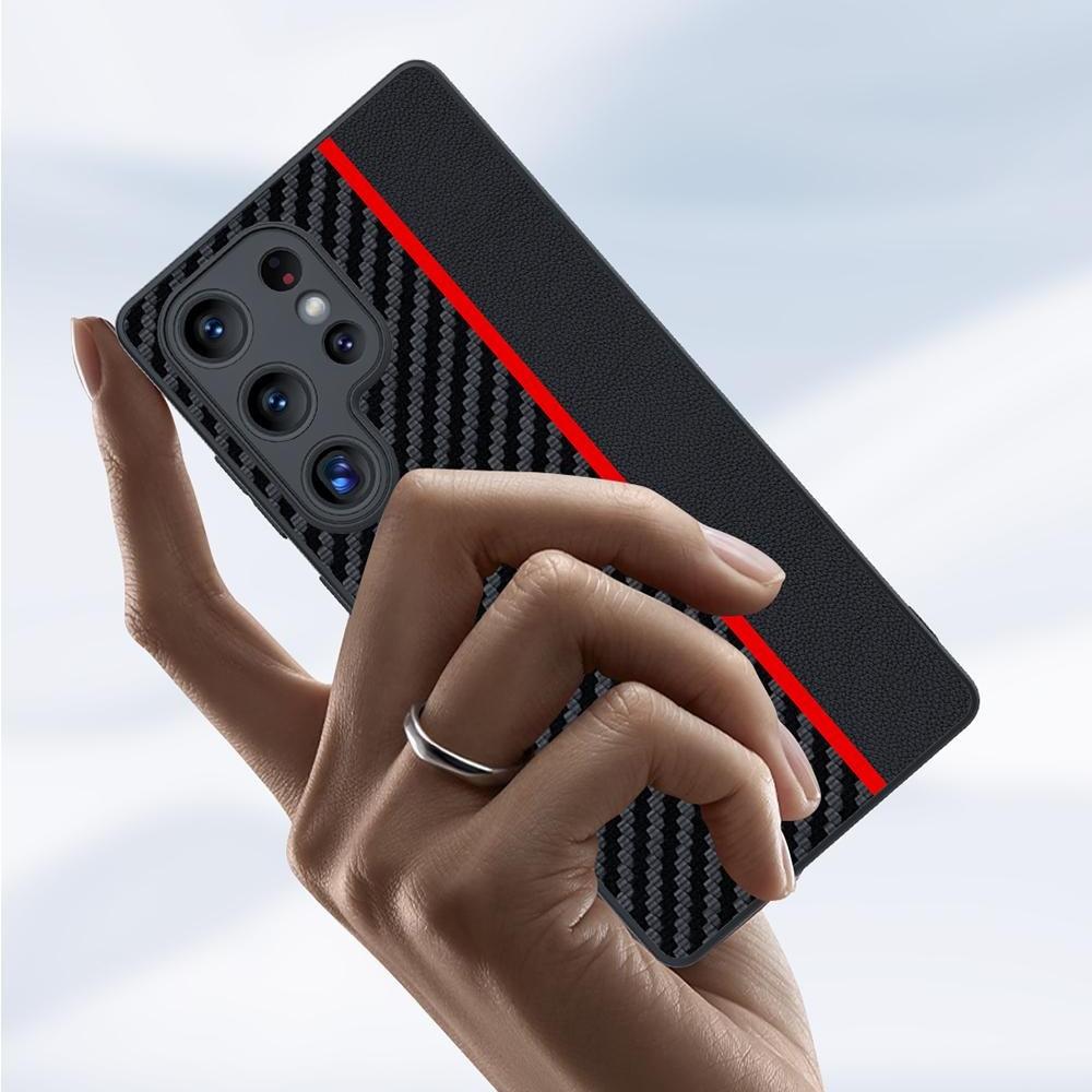 

For Samsung Galaxy S25 Ultra Case Leather+PC Hard Phone Cover Carbon Fiber Texture Black/Red