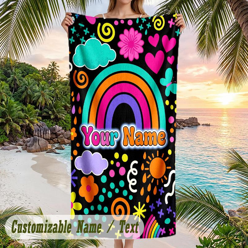 Rainbow Dreams 3 Theme Quick Dry Beach Towel Custom Name Text Print Large Sand Resistant Towel Beach Vacation