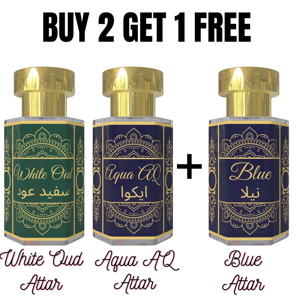 

White Oudh Attar and Aqua Attar with Free Blue Attar – Woody, Fresh & Cool Fragrance Combo | Alcohol-Free Unisex Roll-On Perfume Oils | 3 x 6 ml Pack= 6ml