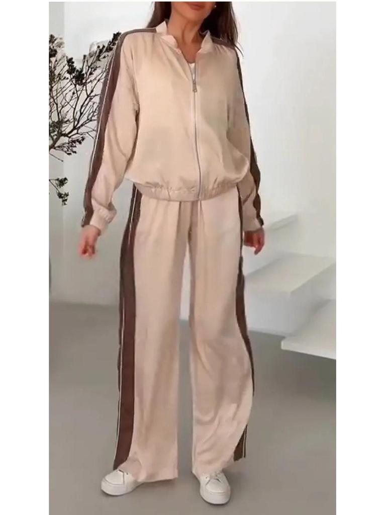 2025 Spring & Autumn Fashion Solid Color Splicing Jacket & Wide-Leg Long Pants Set