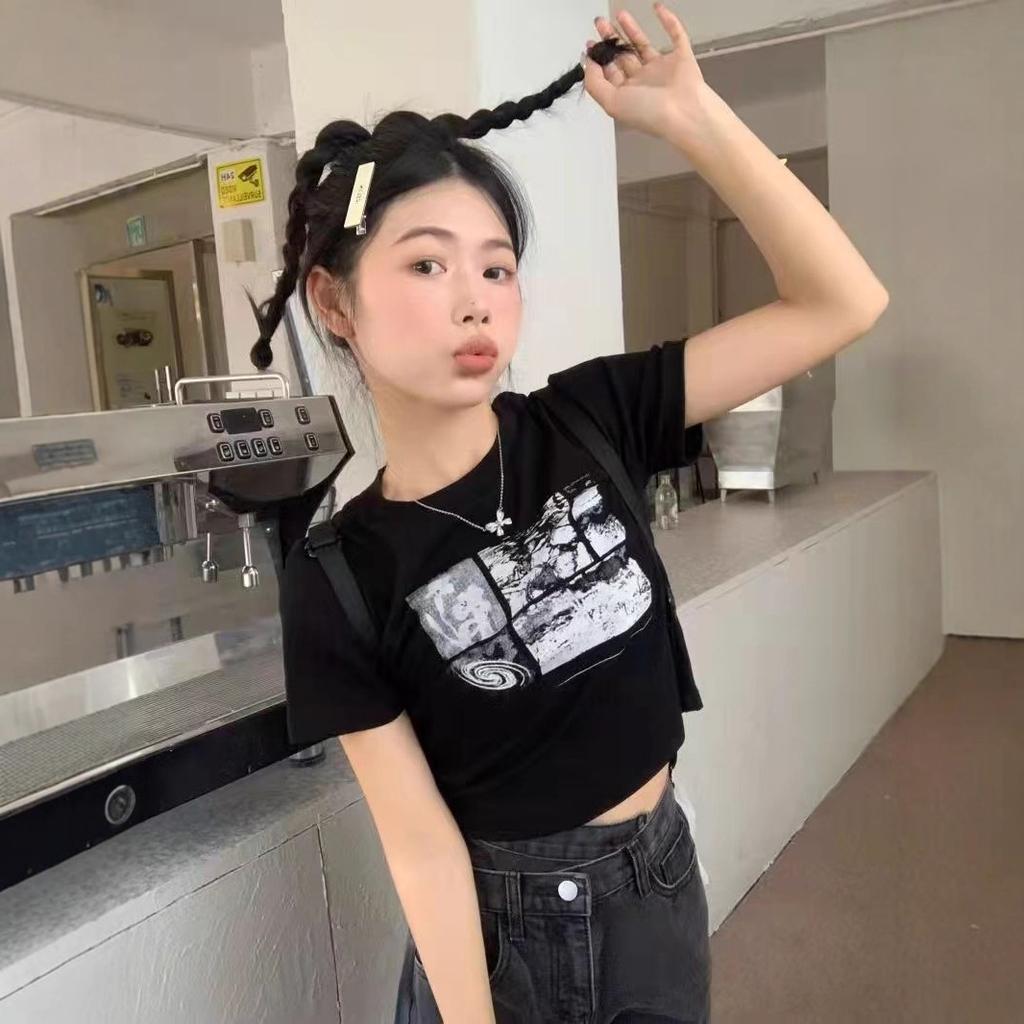 Sweet and spicy style navel printing short-sleeved T-shirt women's summer new student black top
