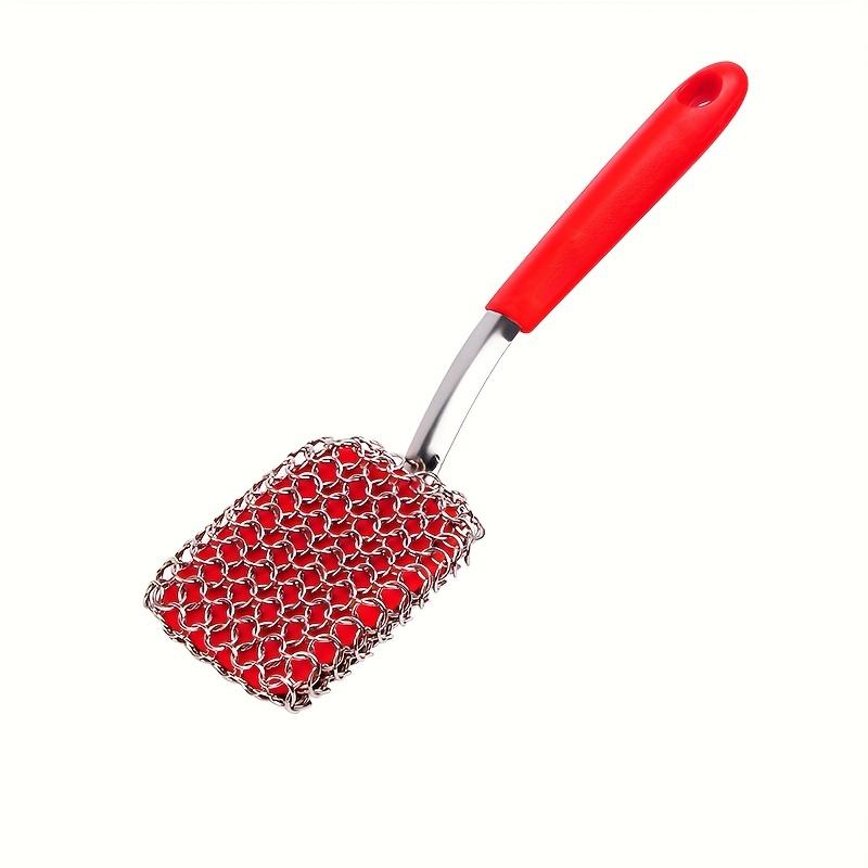 

3 in 1 Chainmail Grill Scrubber with Handle, Bristle Free Heavy Duty Stainless Steel Chain Mail Scrubber ,Steam Cleaner, Dual Function Red Square Head