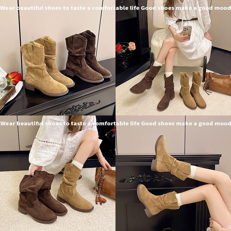 Martin Boots Short Boots Western Summer and Autumn Brown Denim Pile Women's Thick Heel High Heel Sichuan-Tibet Boots 2025 Medium Tube New