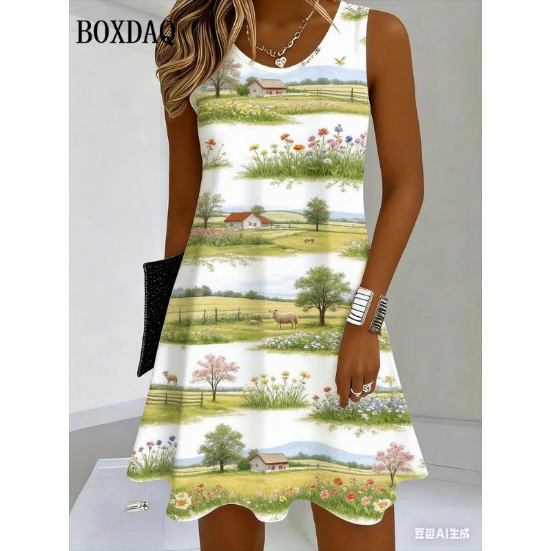

Women Summer Sundress Sexy O-Neck Sleeveless Dress Sundress Butterfly Flower Print Female Boho Knee-length Casual Dresses Loose XL