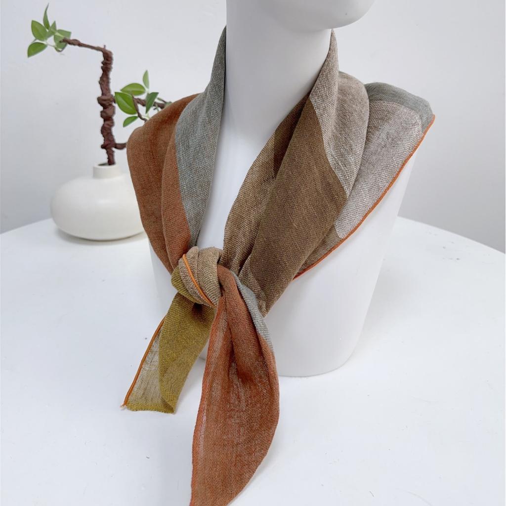 Literary And Elegant Yarn-Dyed Linen Plaid 70Cm Small Square Scarf, Neck Protection Japanese Simple And Versatile Small Scarf