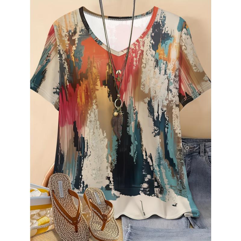

Women s new summer plus size women s fashion printed casual V-neck short-sleeved T-shirt S