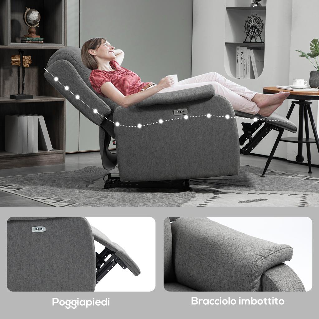 Reclining Armchair with Footrest, in Linen-Effect Fabric, Wood and Metal, 77x91x106 cm, Dark Grey