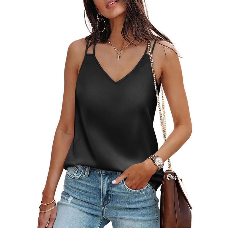 Solid Sling T-shirt for Women Summer V-neck Sleeveless Loose Waist T-shirt Casual Stylish Soft Comfortable T-shirt Breathable Lightweight Vacation Top