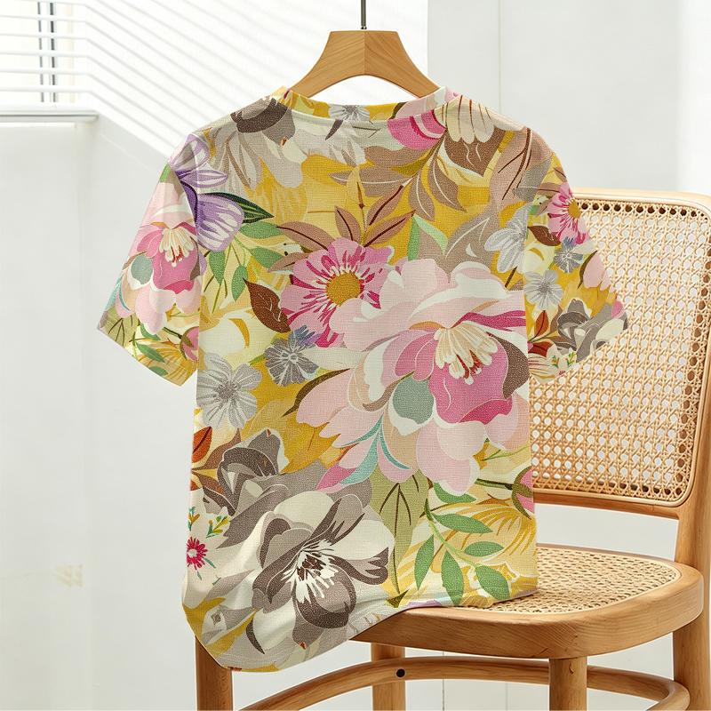 Women's Colorful Floral Basic Short Sleeve T-Shirt Minimalist Soft Loose Fit Top,Versatile for Daily Casual & Girls' Gatherings