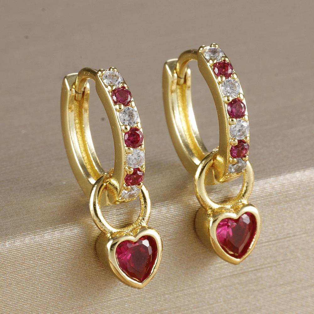 2PCS Luxury Colorful Heart Pendant Earrings Exquisite Multicolor Zircon Stainless Steel Hoop Earrings for Women Fashion Jewelry