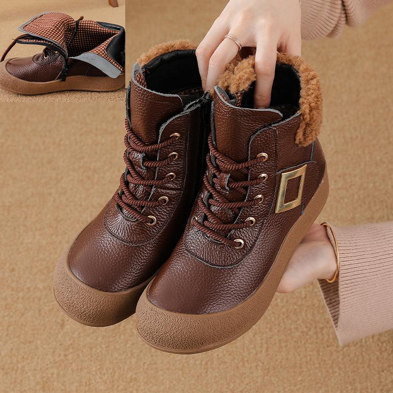 Johnature Retro Round Toe Side Zipper Plush Warm Short Boots Genuine Leather Soft Soled Women's Boots