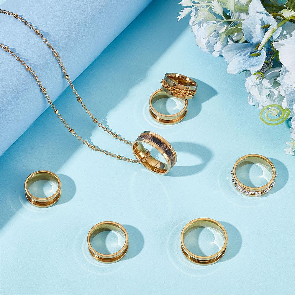 14Pcs 7 Size Stainless Steel Grooved Finger Rings Set, with 1Pc Rectangle Velvet Pouches, Golden, Inner Diameter: 16.5~22mm, 2Pcs/size