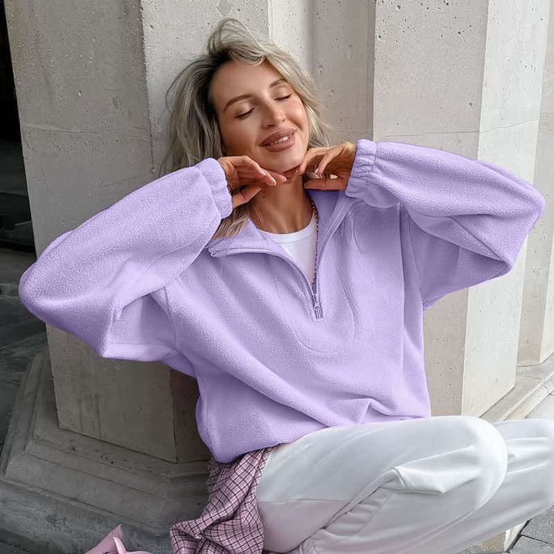 

Western Style Autumn and Winter Fashion Loose Lapel Polar Fleece Sports Leisure Hoodie Women Loose Pullover Top Lavender purple M