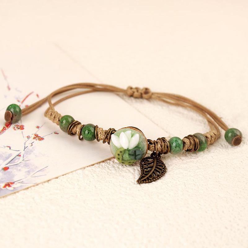 Handmade Sunflower Leaf Ceramic Bracelet Boho Adjustable Jewelry For Women Vintage Ethnic Gift