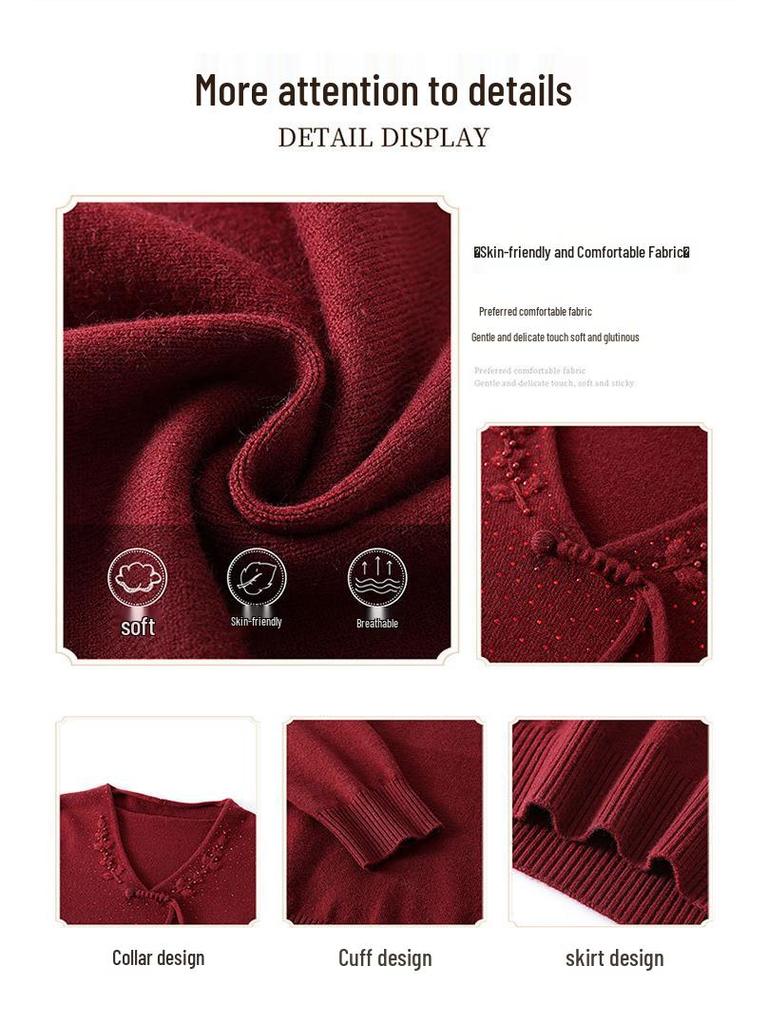 2025 New Style Red Winter Base Layer Top for Middle-Aged Women - Thickened Knitted Sweater