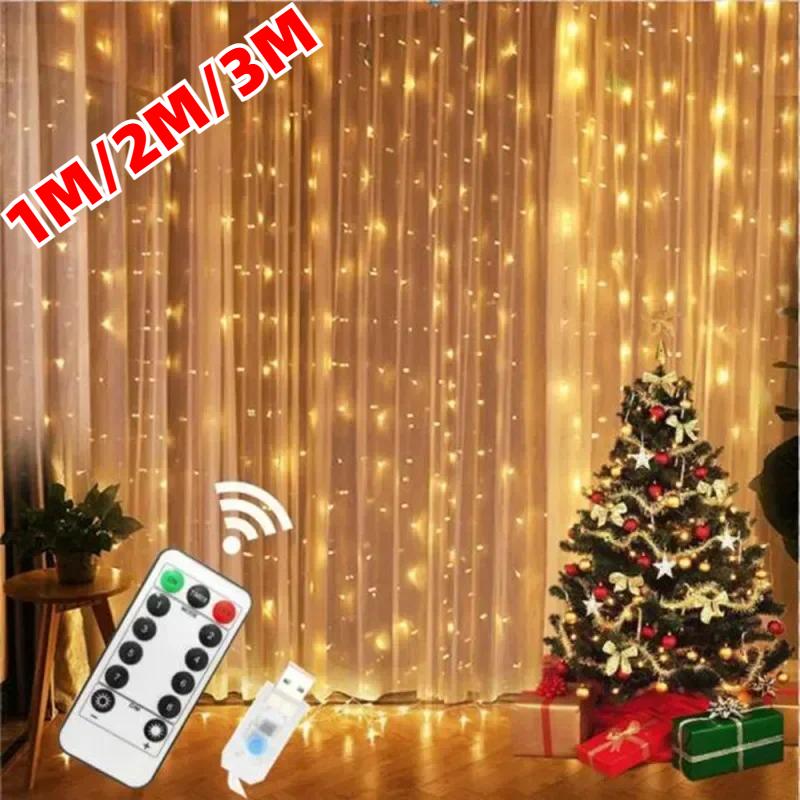 3x3m Curtain Garland on The Window USB Power Fairy Lights Festoon with Remote New Year Garland Led Lights Christmas Decor