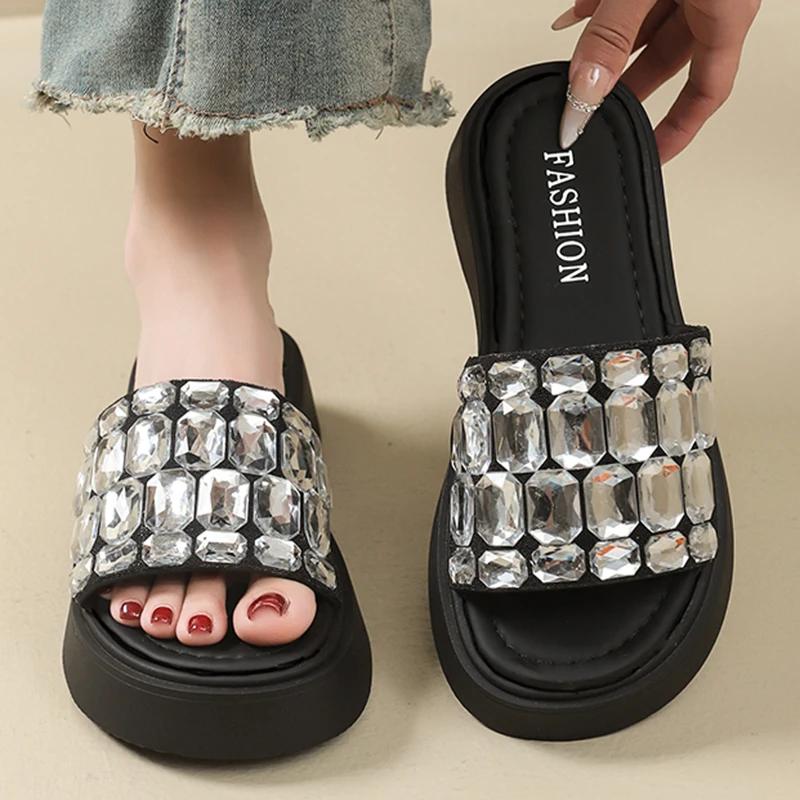 Fashion Big Crystal Chunky Platform Wedge Sandals Women Summer 2025 Thick Bottom Shiny Gem Slides Woman Slip On Mules Sandalias De Mujer