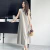 Korean Sleeveless Loose Fit Cotton Linen Dress with Wide Hem