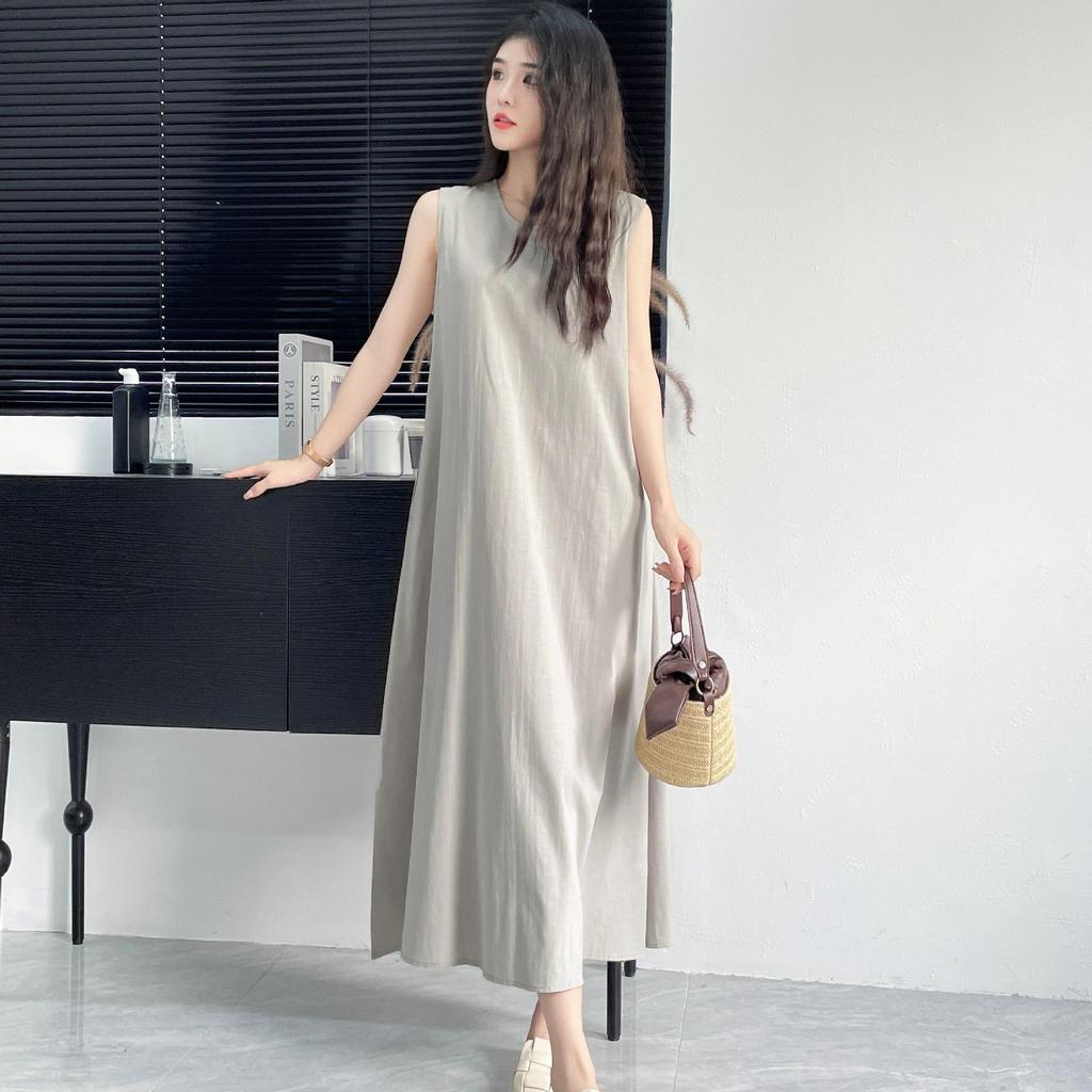 Korean Sleeveless Loose Fit Cotton Linen Dress with Wide Hem