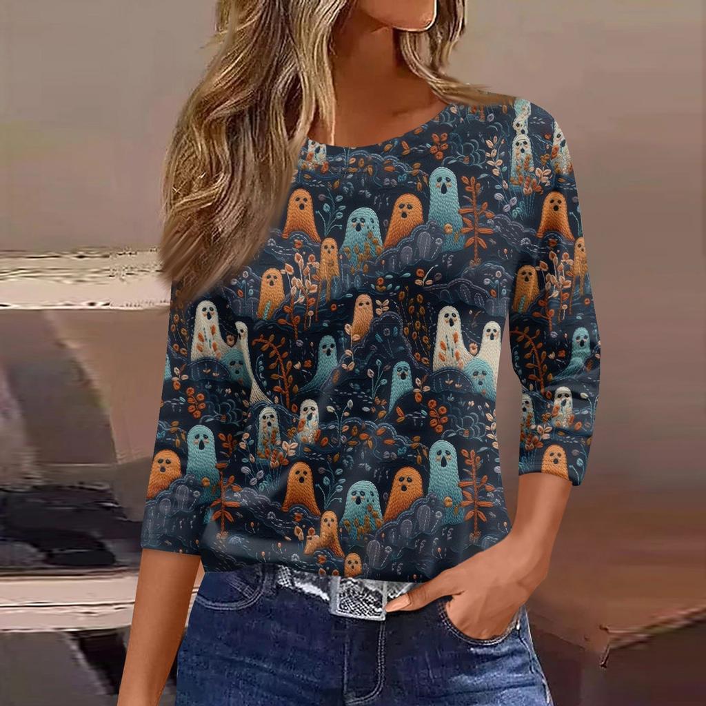 Women's Fashion Casual Three-quarter Sleeve Halloween Printed Round Neck Top