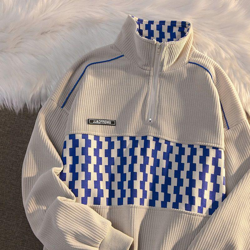 Unisex Retro Checkerboard Half-Zip Polo Sweatshirt - American Style Loose Fit for Fall