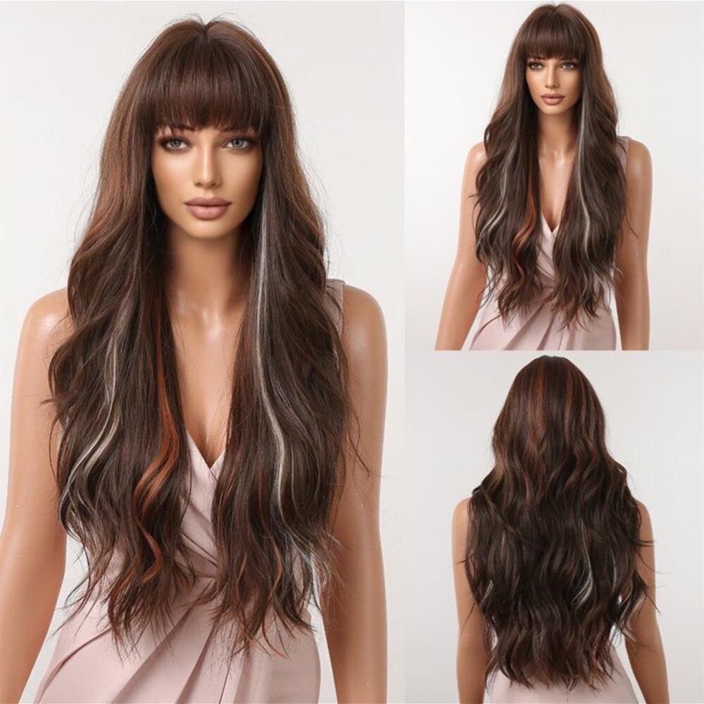 ALAN EATON Black Long Body Wavy Wig for Women Synthetic Natural Wave Wigs with Bangs Daily Party Fake Hair Heat Resistant Fiber