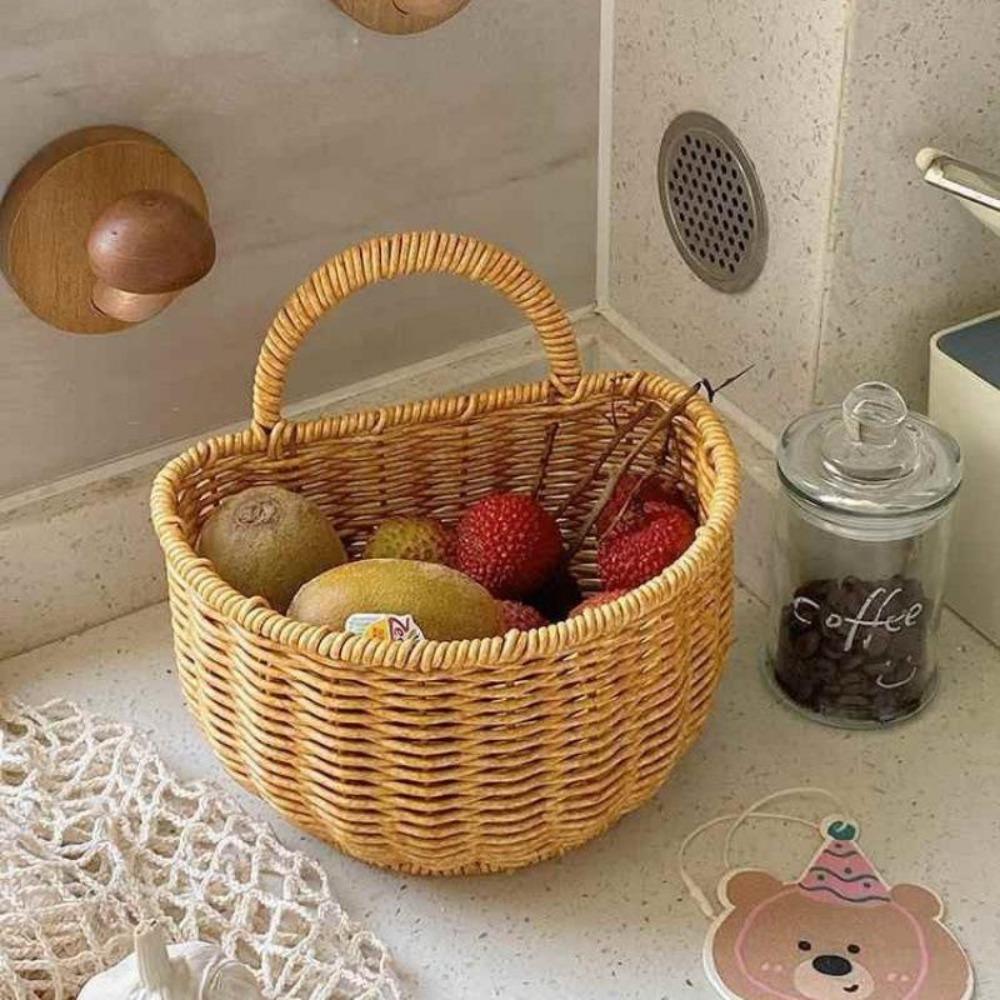Handwoven Rattan Wall Hanging Basket - Wicker Storage Organizer for Kitchen, Bathroom & Home, Hanging Fruit Basket with Handle