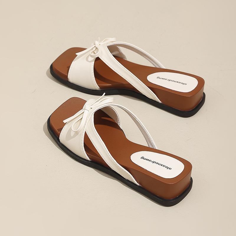 Summer New Fashion Korean Bow Wedge Slippers Female Retro Open-toed Fairy Wind Wearing Thick-soled Cool Slippers