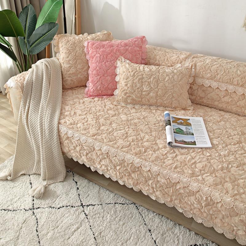 Modern Rose Plush Sofa Cover 5 Seater Solid Thickened Corner L Shape Leather Couch Slipcover Lace Armchair Furniture Protector