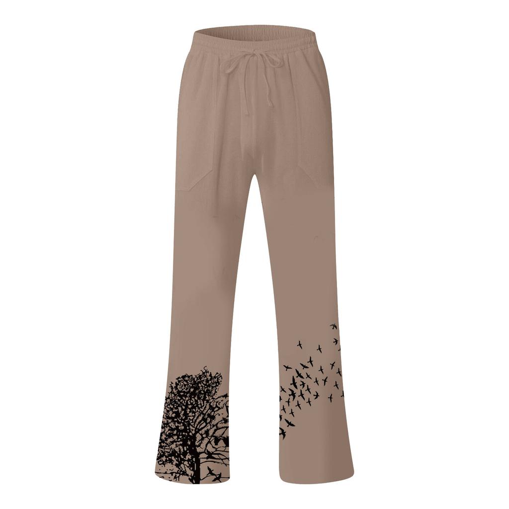 Men's Casual Loose Color Cotton Linen Trousers Elastic Tie Print Trousers